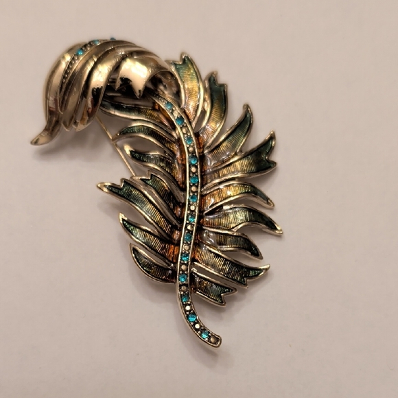 Monet Vintage Gold Feather Brooch with Teal Accents - Picture 1 of 3